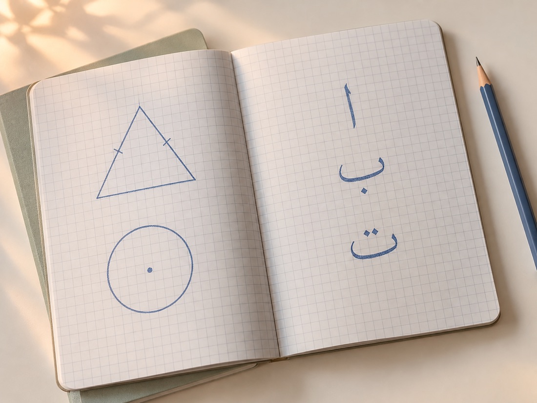 Un cahier ouvert : géométrie sur une page, lettres arabes sur l’autre.